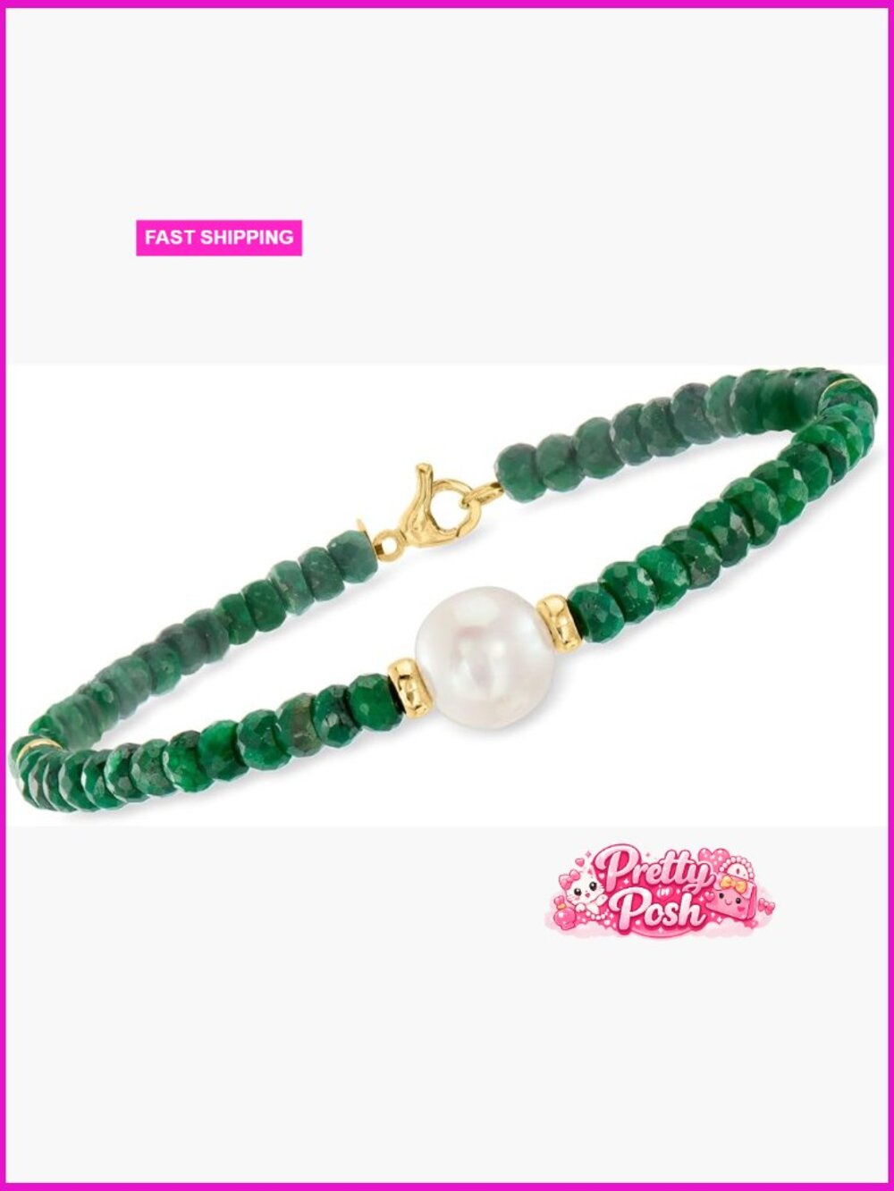 9-10mm Cultured Pearl and Emerald Bead Bracelet, 14kt Yellow Gold